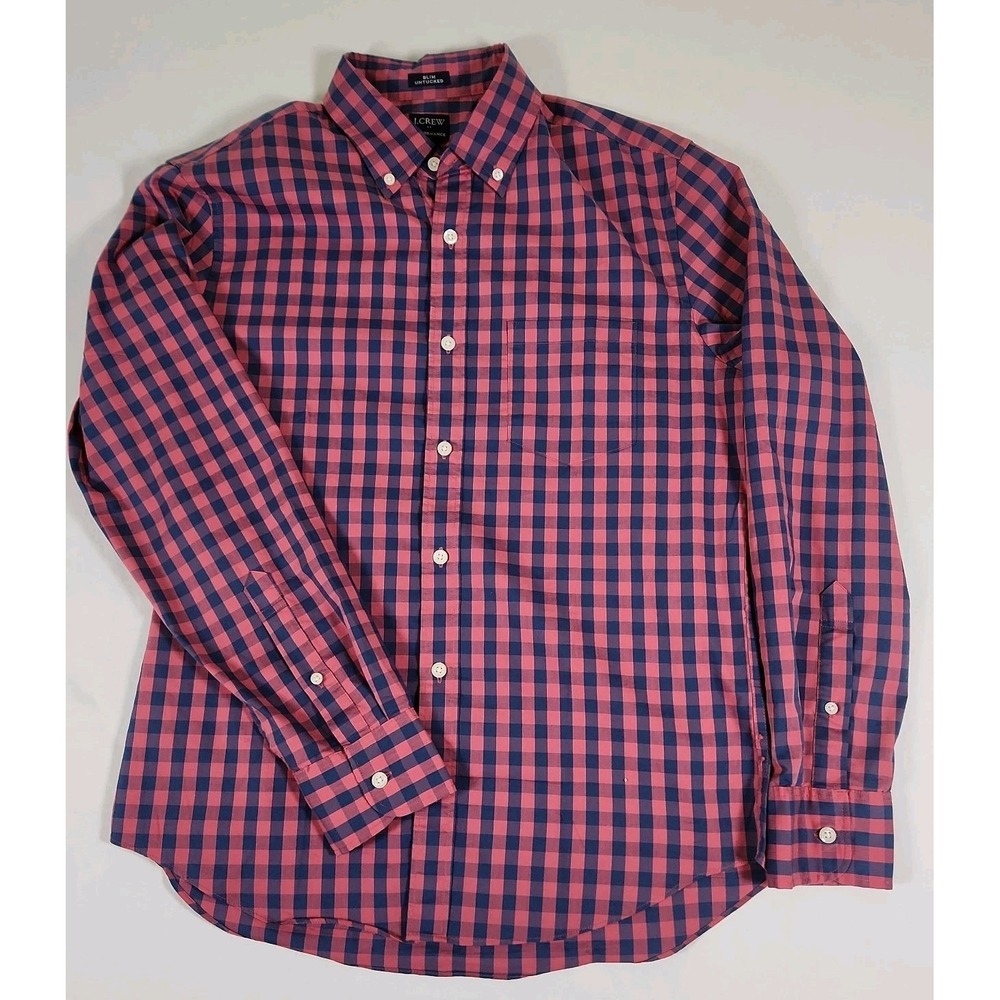 J Crew Shirt Mens Medium Blue Pink Plaid Long Sleeve Button Up Preppy Casual